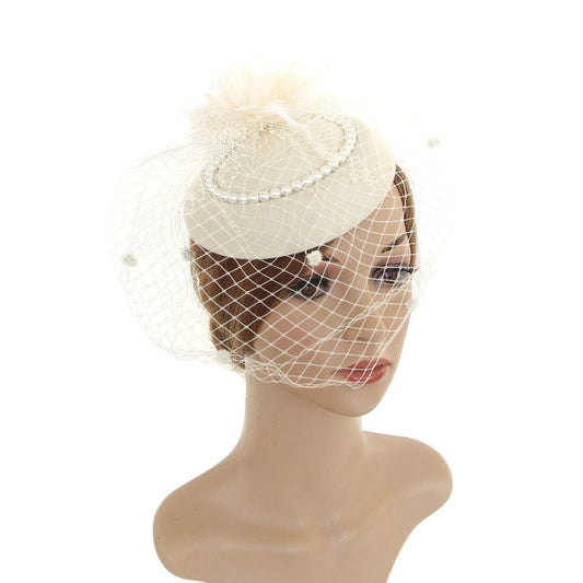 Women Tea Party Fascinator Veil Derby Hat with Pearl_ Hat jehouze Ivory 