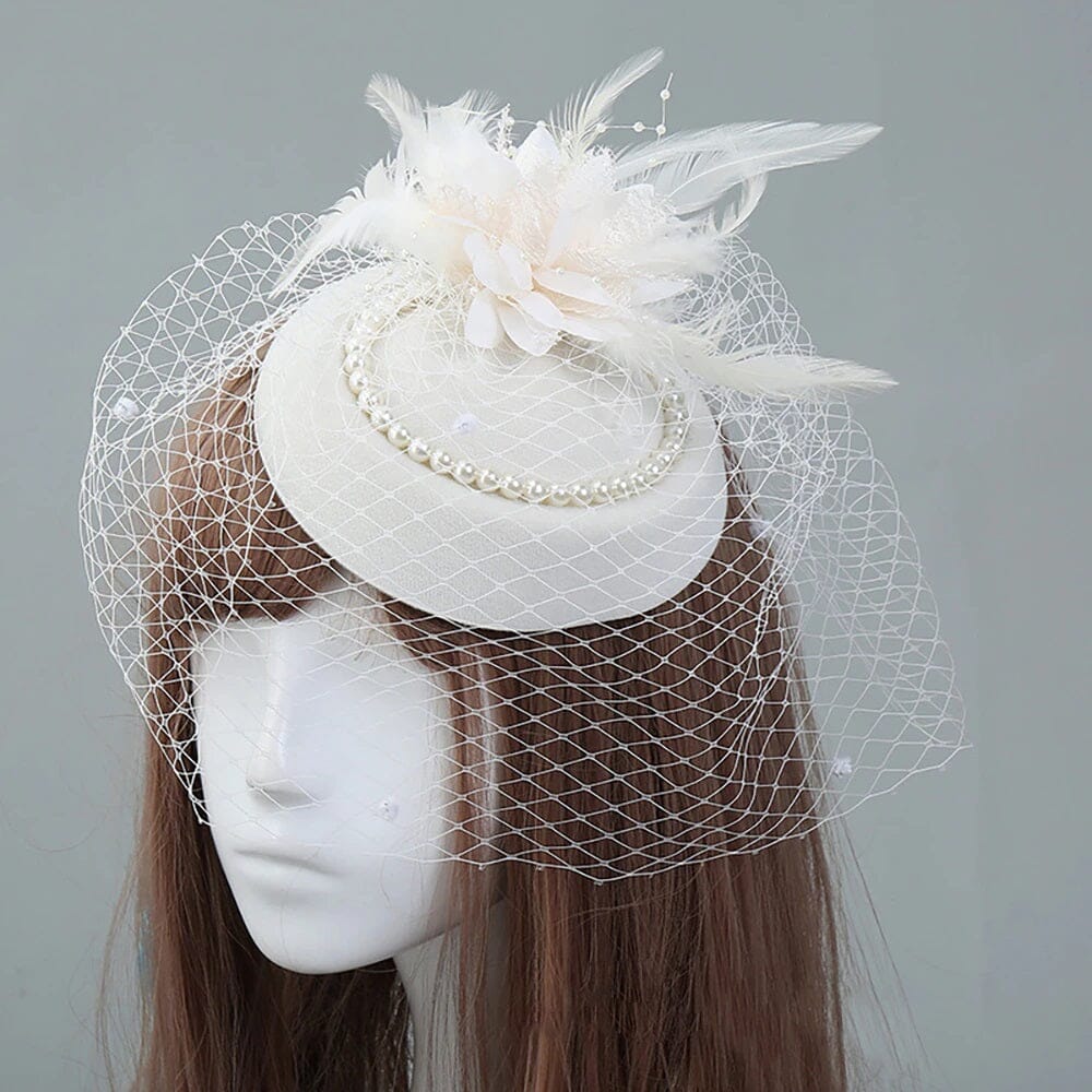 Women Tea Party Fascinator Veil Derby Hat with Pearl_ Hat jehouze White