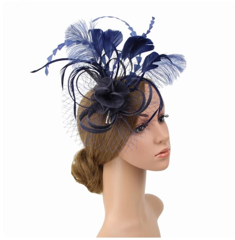 Women Tea Party Fascinators Hat Feathers Flower Birdcage Veil Wedding Cocktail Headband with clip Hat jehouze Navy Blue