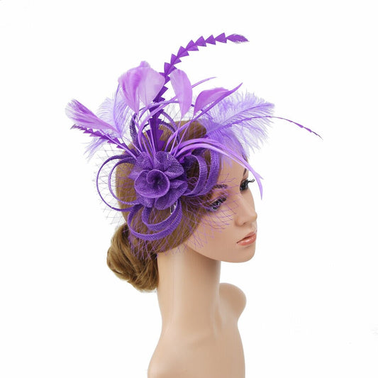 Women Tea Party Fascinators Hat Feathers Flower Birdcage Veil Wedding Cocktail Headband with clip Hat jehouze Purple 