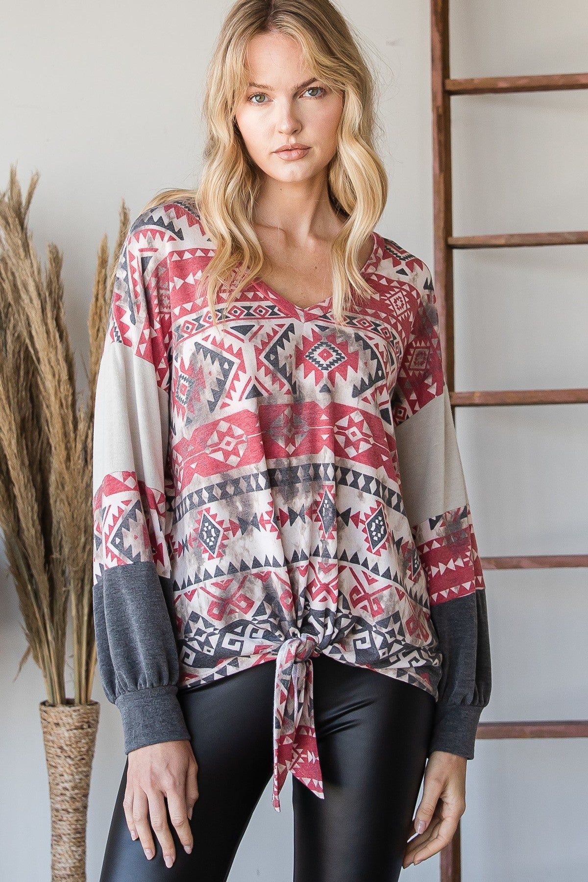 Women V neck Aztec Print Tie Knot Long Sleeve Sweater Tops Blouse Shirts & Tops jehouze