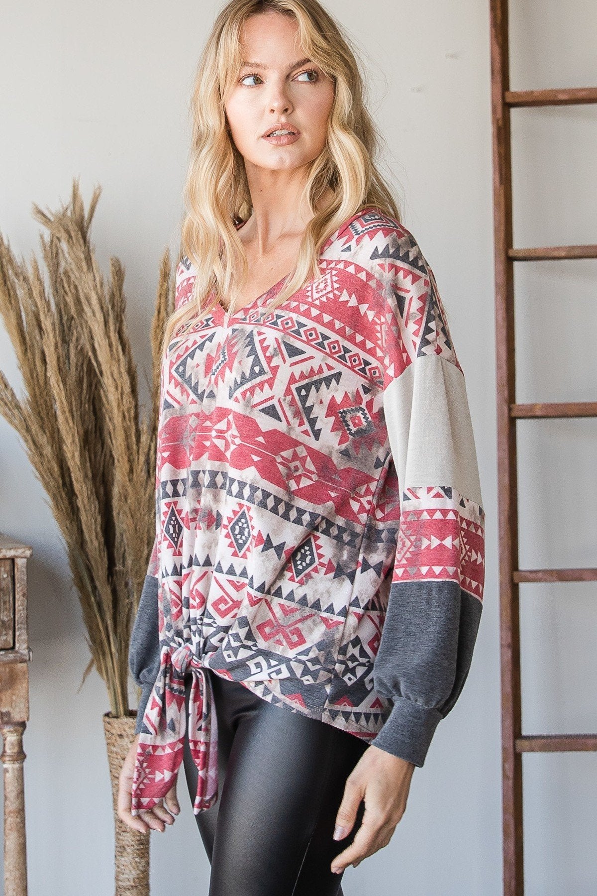 Women V neck Aztec Print Tie Knot Long Sleeve Sweater Tops Blouse Shirts & Tops jehouze