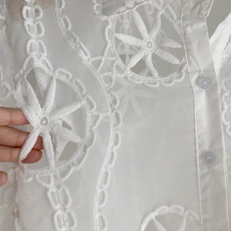 Women White Lace Hollow Out Flower Embroidery Sexy See Through Sheer Mesh Button Down Shirt Long Sleeve Blouse Top jehouze
