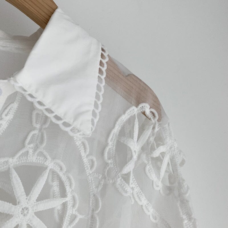 Women White Lace Hollow Out Flower Embroidery Sexy See Through Sheer Mesh Button Down Shirt Long Sleeve Blouse Top jehouze