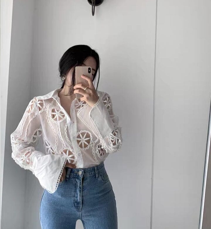 Women White Lace Hollow Out Flower Embroidery Sexy See Through Sheer Mesh Button Down Shirt Long Sleeve Blouse Top jehouze