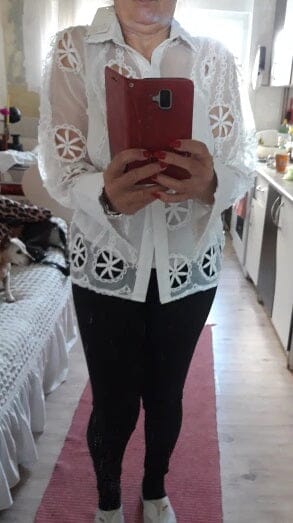 Women White Lace Hollow Out Flower Embroidery Sexy See Through Sheer Mesh Button Down Shirt Long Sleeve Blouse Top jehouze