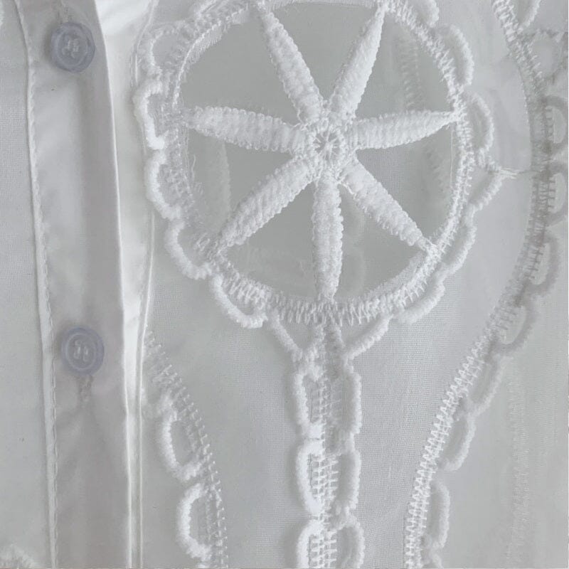 Women White Lace Hollow Out Flower Embroidery Sexy See Through Sheer Mesh Button Down Shirt Long Sleeve Blouse Top jehouze
