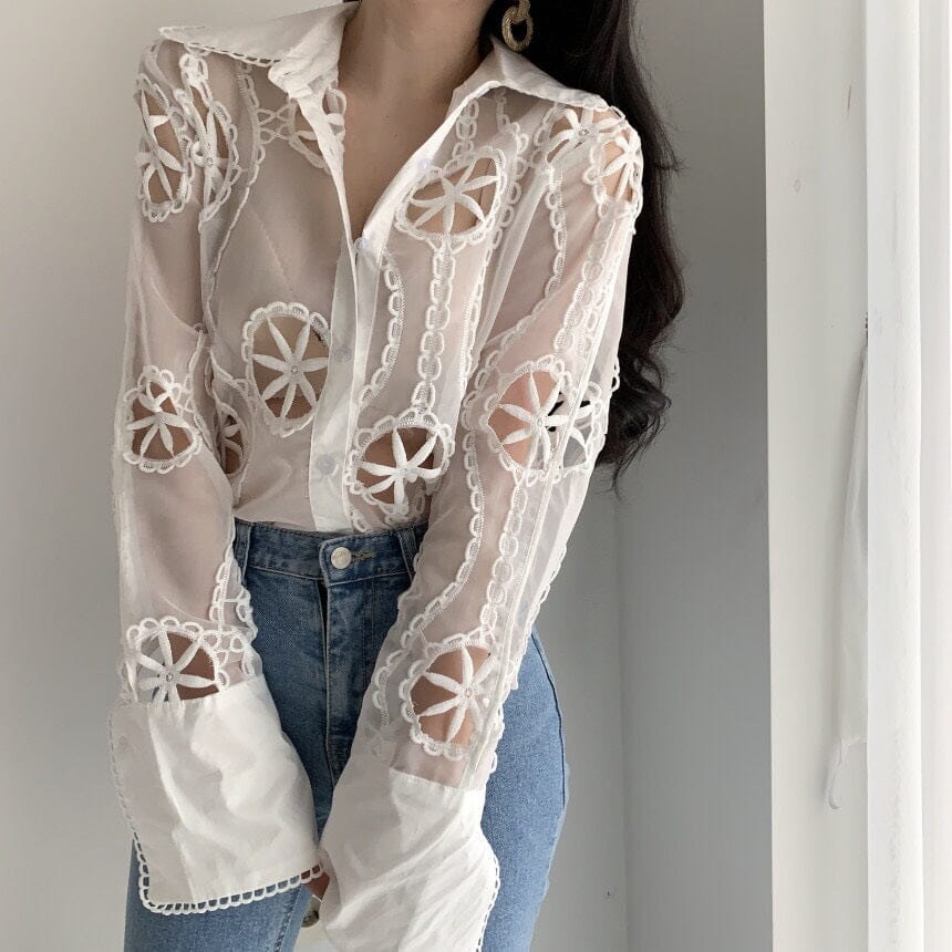 Women White Lace Hollow Out Flower Embroidery Sexy See Through Sheer Mesh Button Down Shirt Long Sleeve Blouse Top jehouze