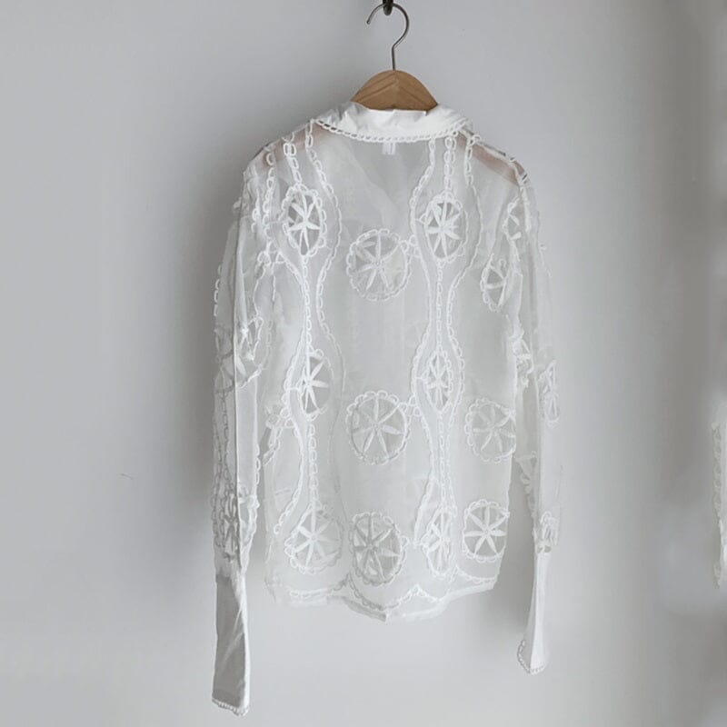 Women White Lace Hollow Out Flower Embroidery Sexy See Through Sheer Mesh Button Down Shirt Long Sleeve Blouse Top jehouze