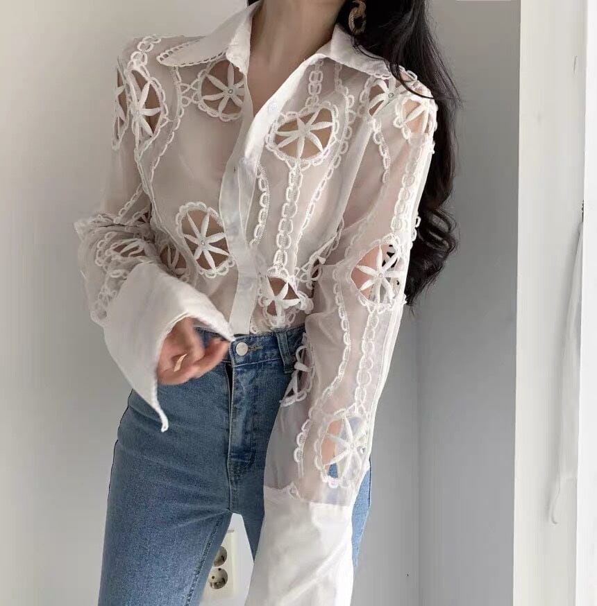 Women White Lace Hollow Out Flower Embroidery Sexy See Through Sheer Mesh Button Down Shirt Long Sleeve Blouse Top jehouze