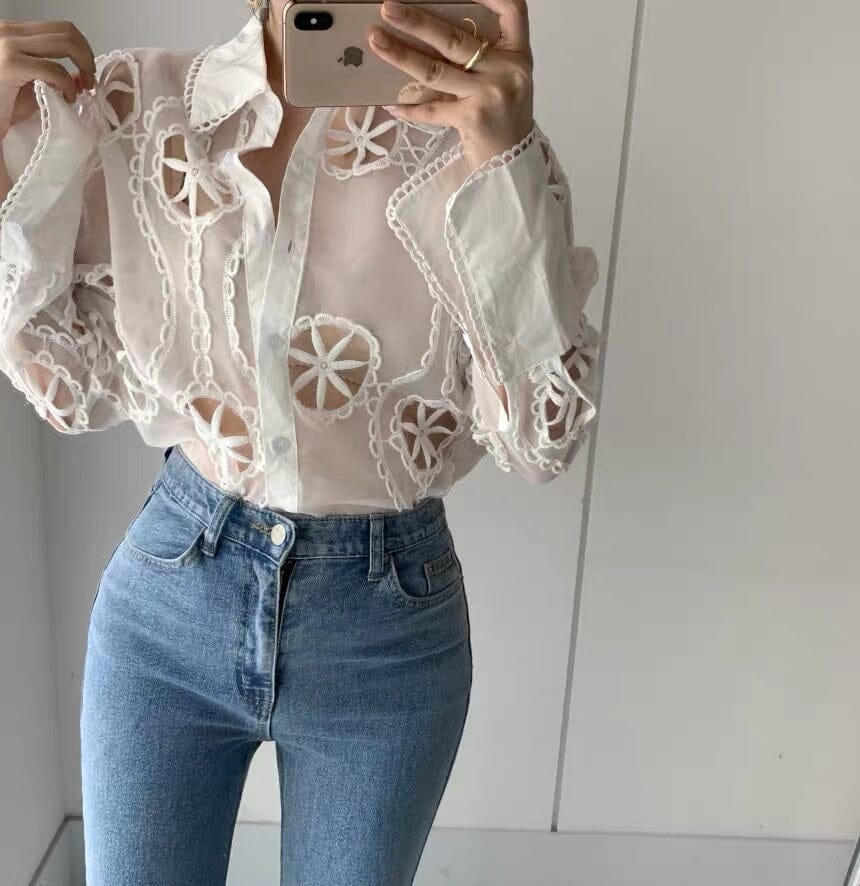 Women White Lace Hollow Out Flower Embroidery Sexy See Through Sheer Mesh Button Down Shirt Long Sleeve Blouse Top jehouze