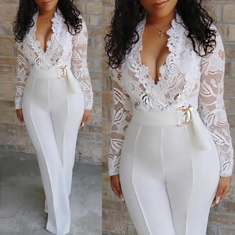 Women White Lace Stitching Long Sleeve V-neck Stretchy Wide Leg Pants Jumpsuit_ Jumpsuits & Rompers jehouze