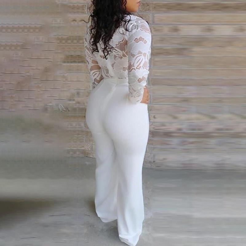 Women White Lace Stitching Long Sleeve V-neck Stretchy Wide Leg Pants Jumpsuit_ Jumpsuits & Rompers jehouze