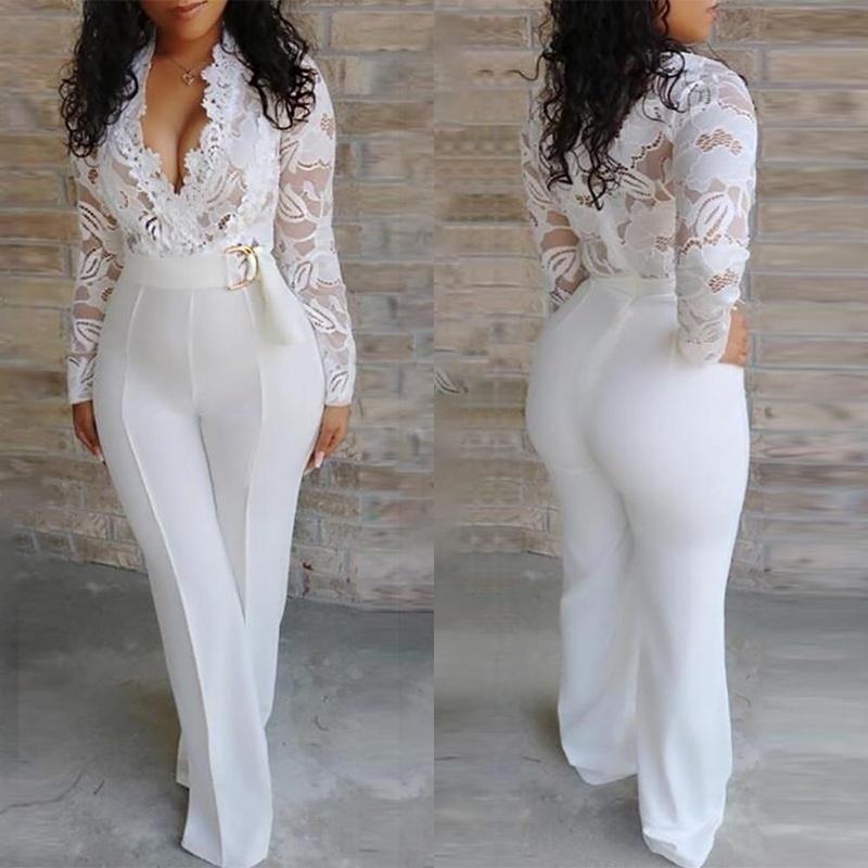 Women White Lace Stitching Long Sleeve V-neck Stretchy Wide Leg Pants Jumpsuit_ Jumpsuits & Rompers jehouze