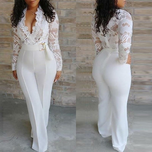 Women White Lace Stitching Long Sleeve V-neck Stretchy Wide Leg Pants Jumpsuit_ Jumpsuits & Rompers jehouze L White