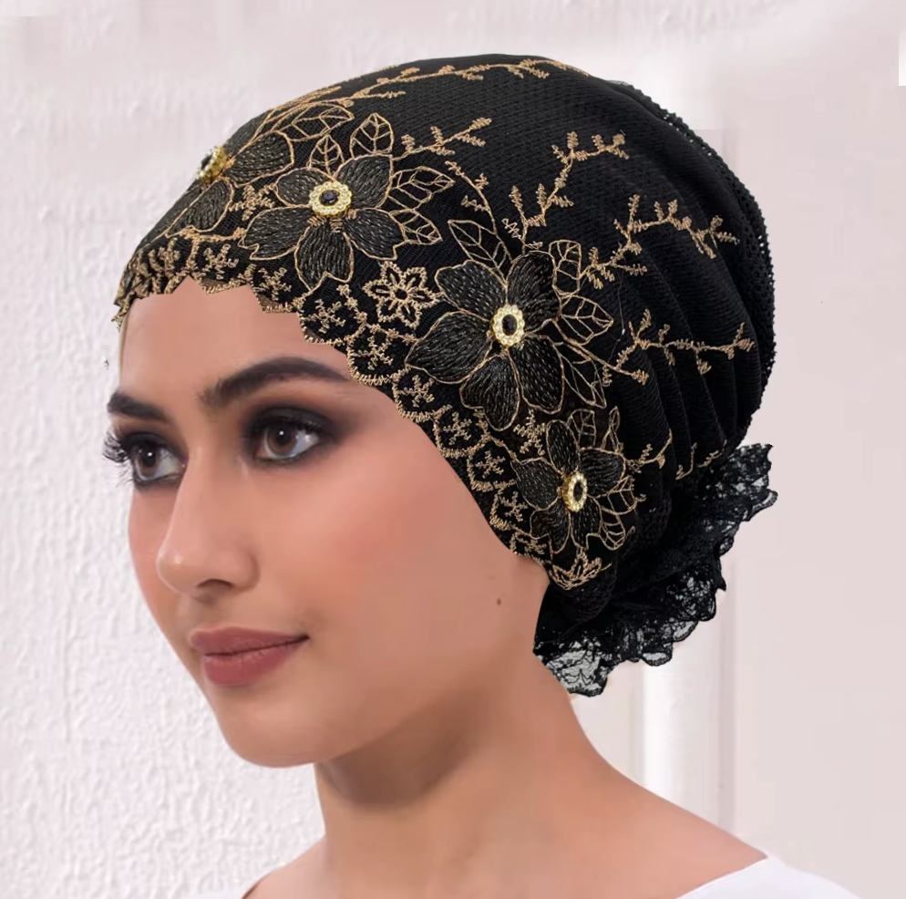 Women's Floral Embroidered Turban Muslim Lady Head Wrap African Cap