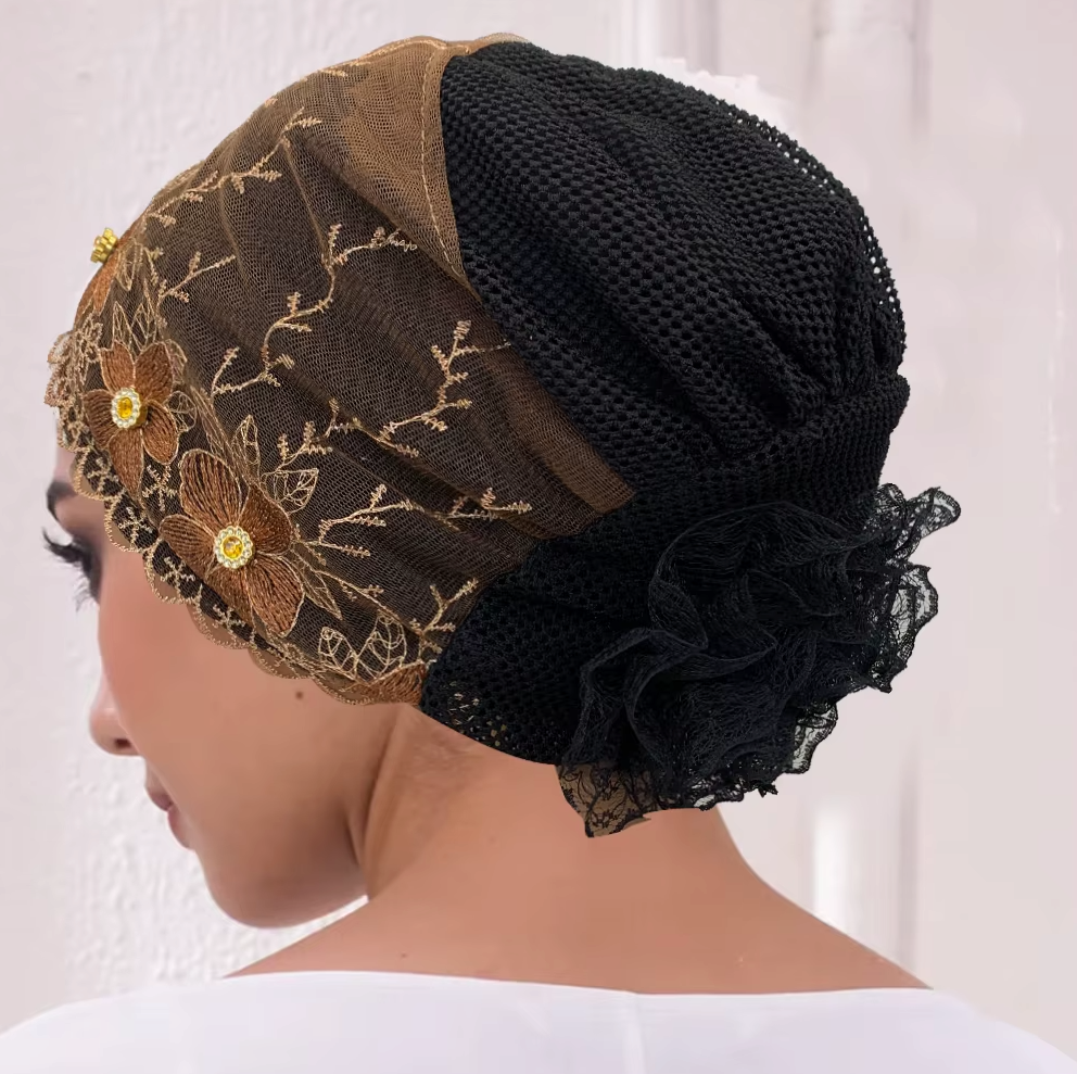 Women's Floral Embroidered Turban Muslim Lady Head Wrap African Cap