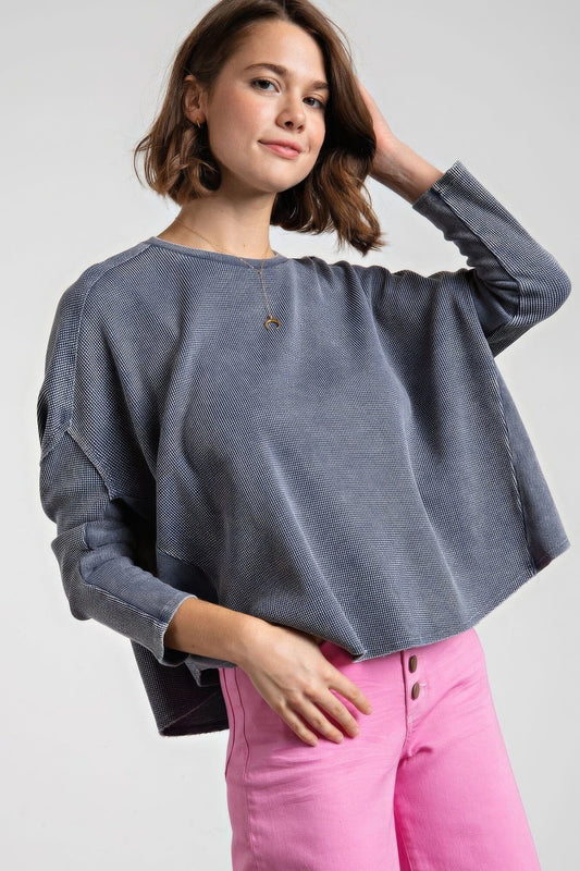 Ash Navy Grey Crew Neck Loose Fit Dolman Sleeves Washed Thermal Top Shirts & Tops jehouze 