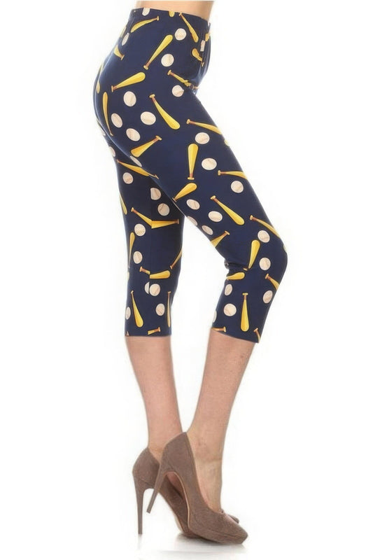 Baseball Printed, High Waisted Capri Leggings In A Fitted Style With An Elastic Waistband Pants jehouze Multi 