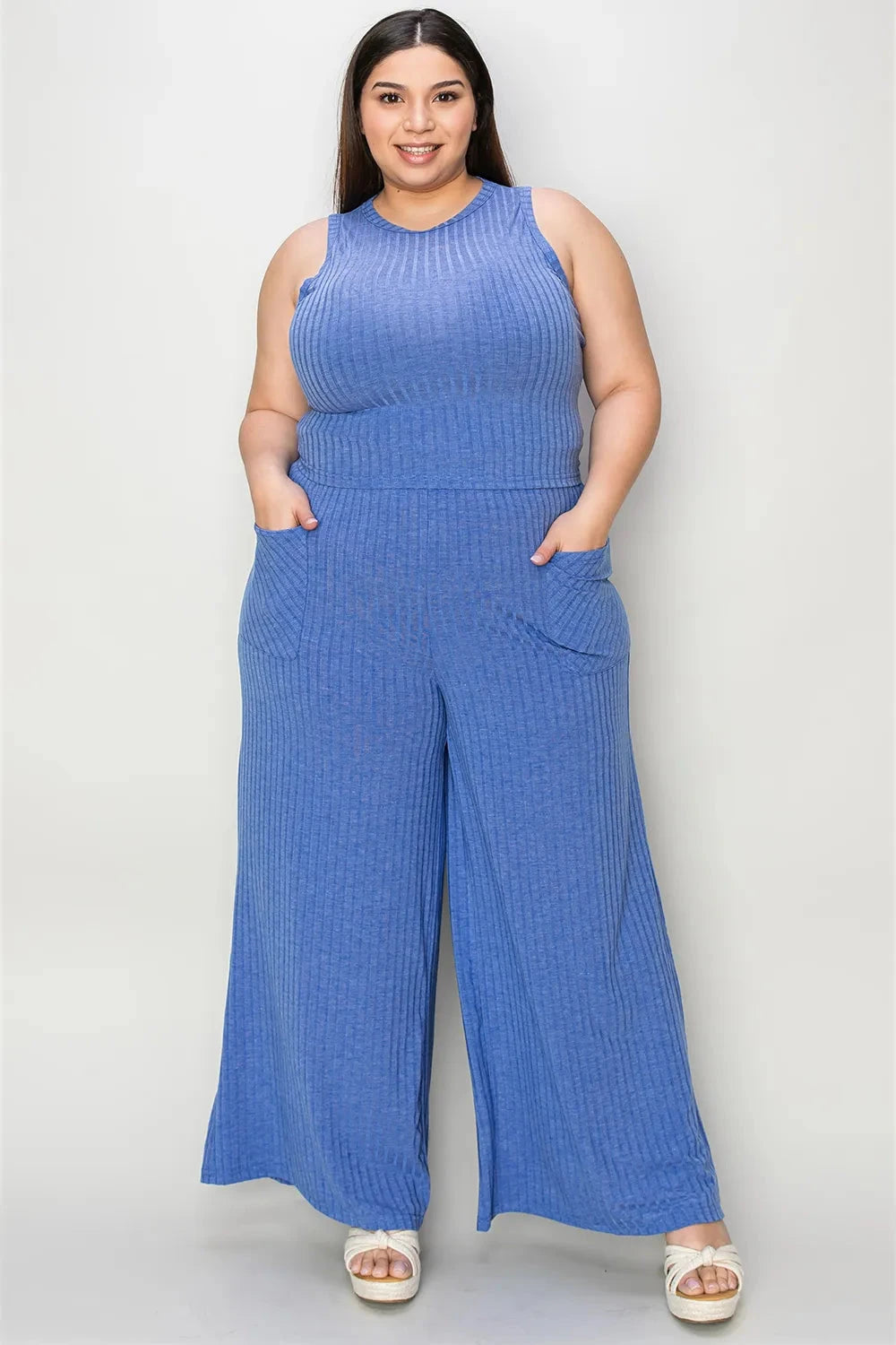 Basic Bae 2 pcs Ribbed Tank and Wide Leg Pants Set Outfit Sets jehouze 