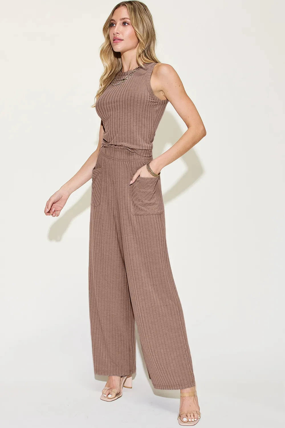 Basic Bae 2 pcs Ribbed Tank and Wide Leg Pants Set Outfit Sets jehouze 