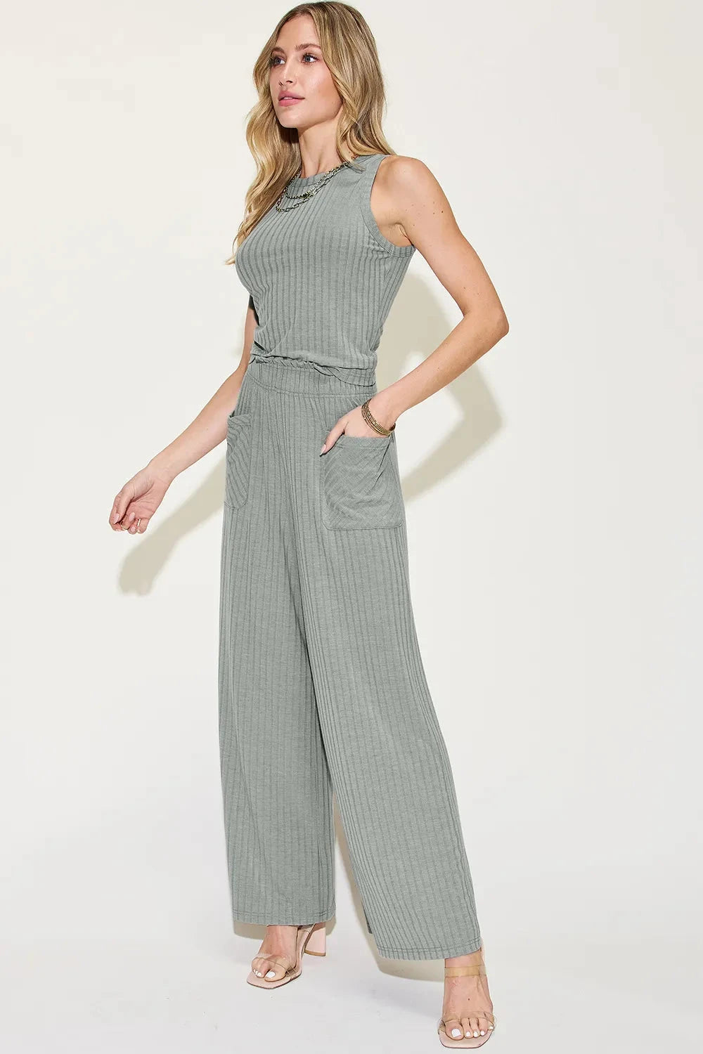 Basic Bae 2 pcs Ribbed Tank and Wide Leg Pants Set Outfit Sets jehouze 
