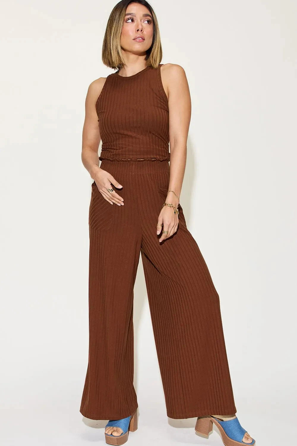 Basic Bae 2 pcs Ribbed Tank and Wide Leg Pants Set Outfit Sets jehouze Dark Brown S 