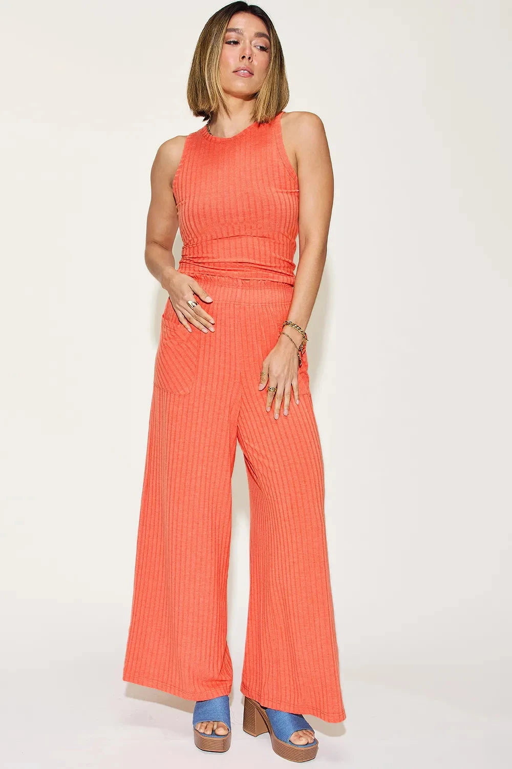 Basic Bae 2 pcs Ribbed Tank and Wide Leg Pants Set Outfit Sets jehouze Orange S 