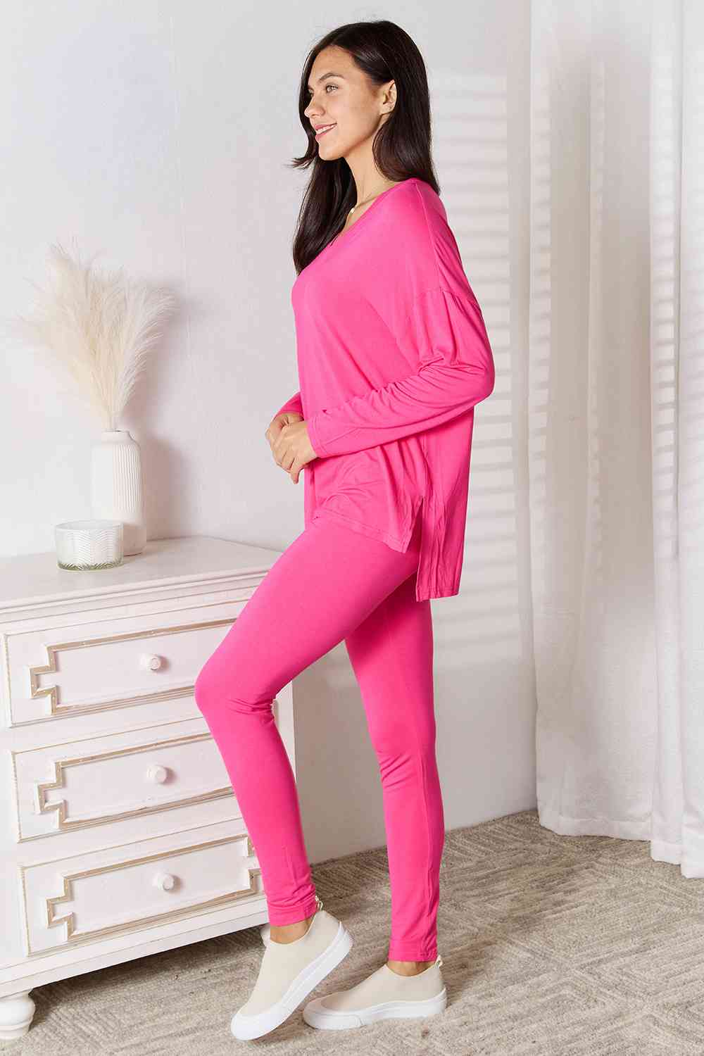 Basic Bae 2 pcs V Neck Soft Rayon Long Sleeve Top and Pants Loungewear Set Sleepwear & Loungewear jehouze 