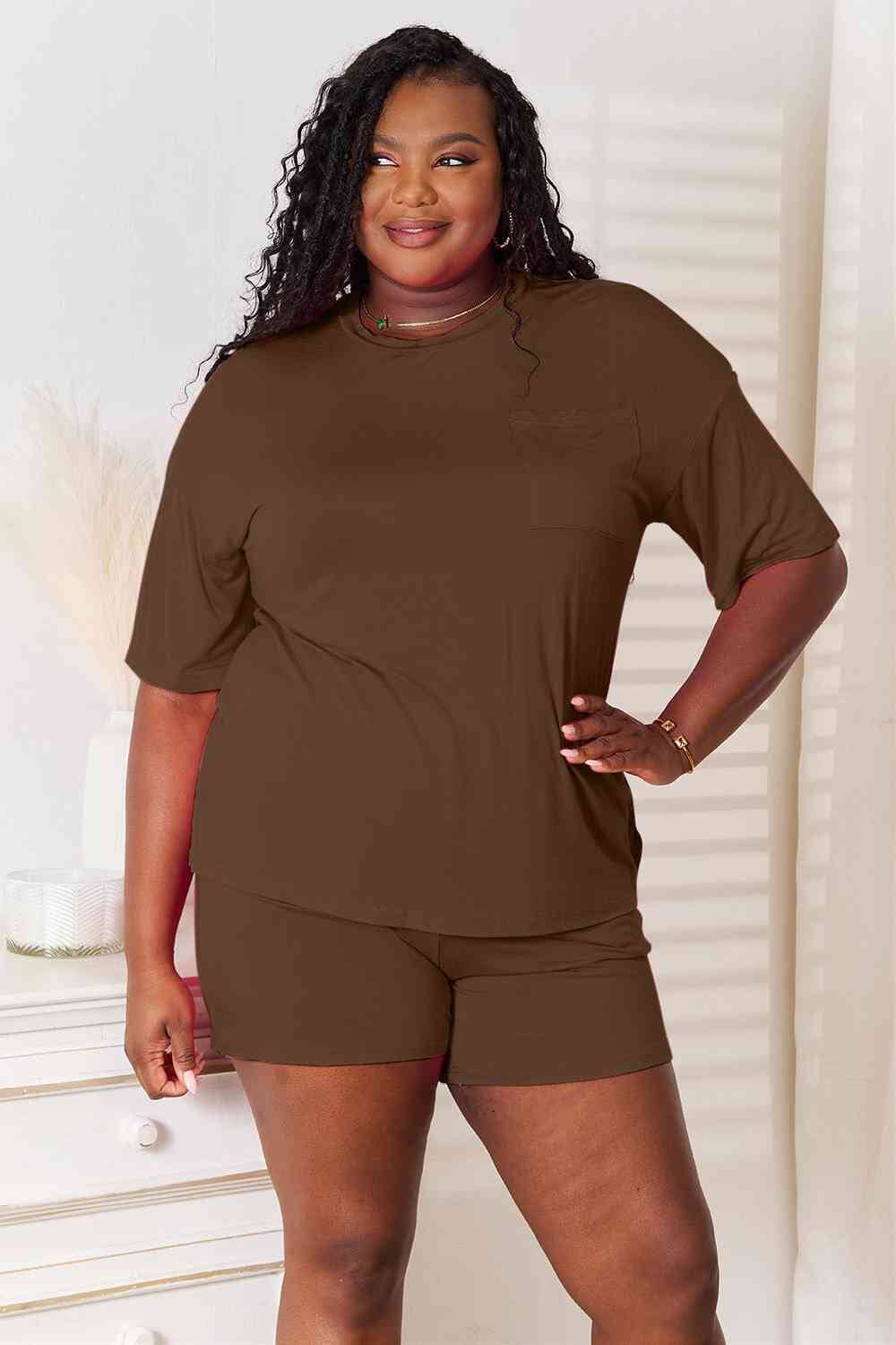 Basic Bae 2 piece Soft Rayon Stretchy Half Sleeve Top and Shorts Loungewear Set Sleepwear & Loungewear jehouze Chocolate S 