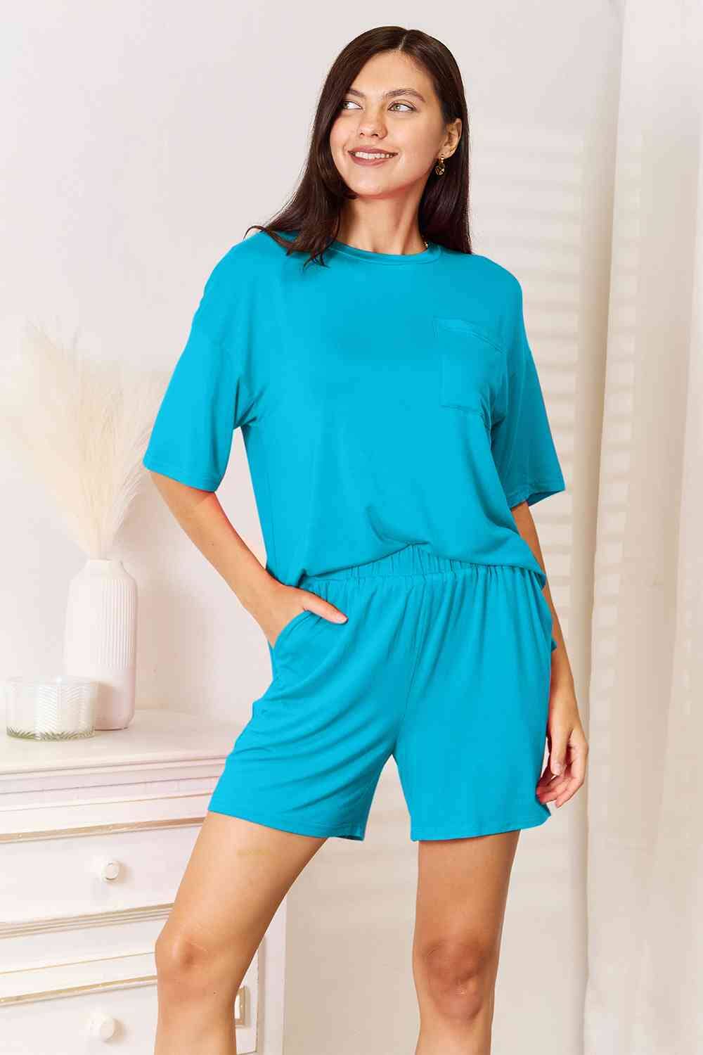 Basic Bae 2 piece Soft Rayon Stretchy Half Sleeve Top and Shorts Loungewear Set Sleepwear & Loungewear jehouze Sky Blue S 