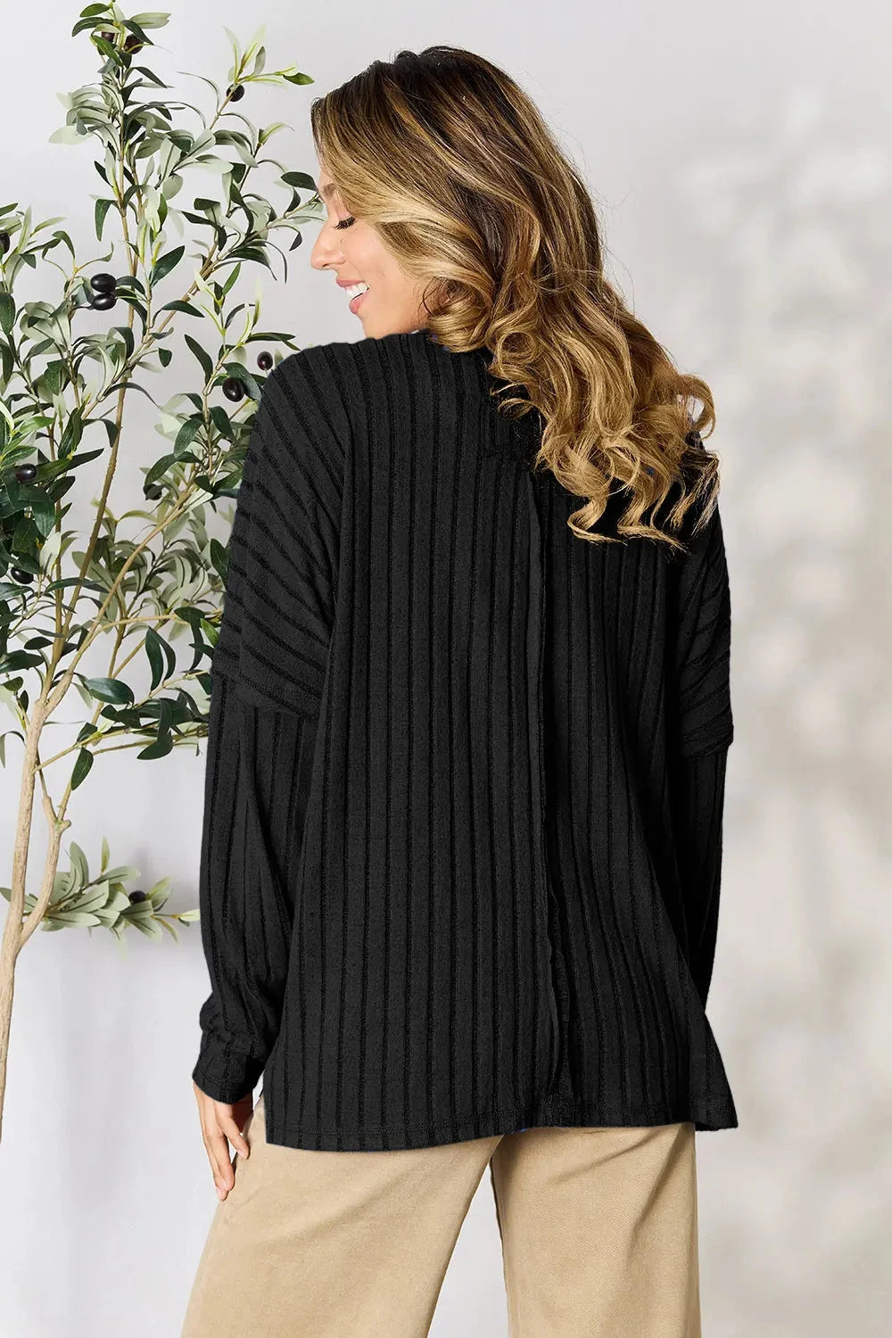 Basic Bae Ribbed Round Neck Slit Knit Top Shirts & Tops jehouze 