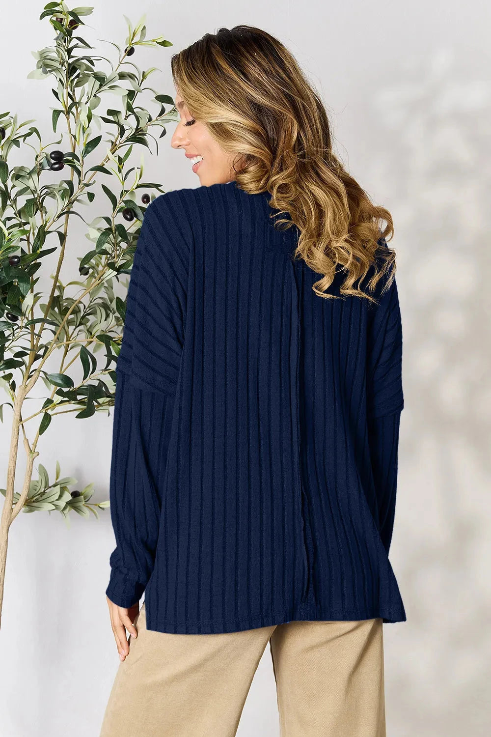 Basic Bae Ribbed Round Neck Slit Knit Top Shirts & Tops jehouze 