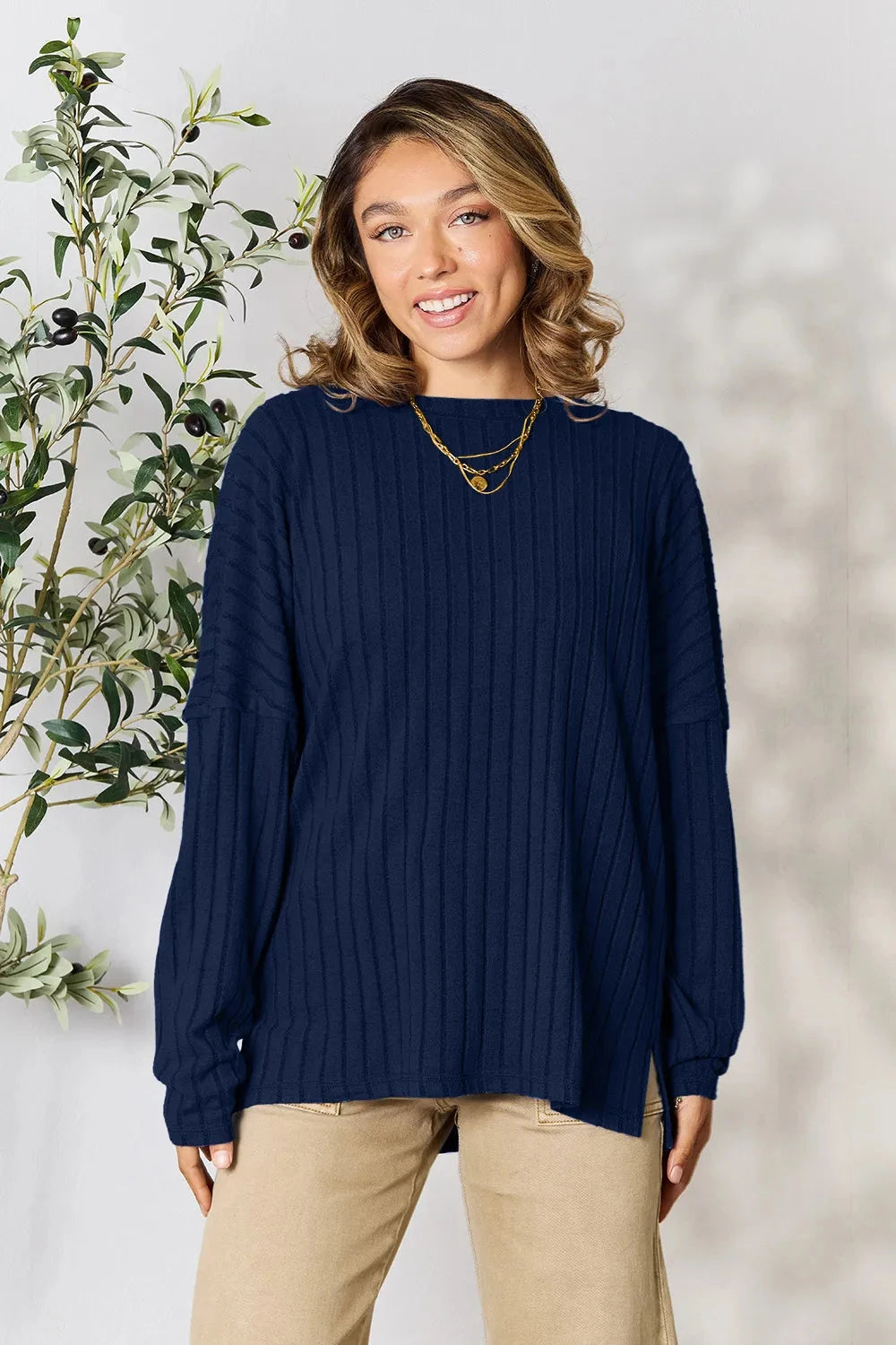 Basic Bae Ribbed Round Neck Slit Knit Top Shirts & Tops jehouze Dark Blue S 