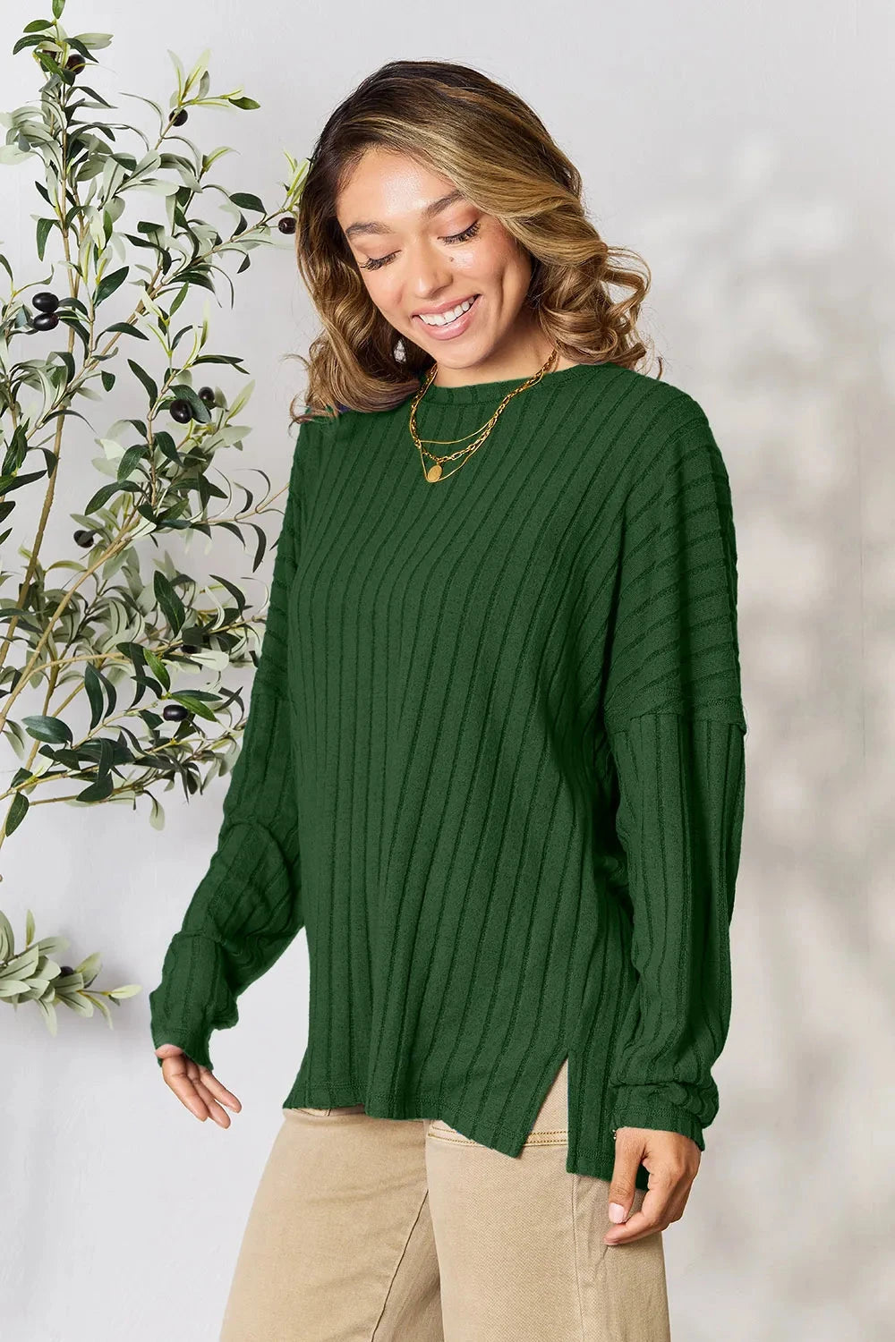 Basic Bae Ribbed Round Neck Slit Knit Top Shirts & Tops jehouze Dark Green S 