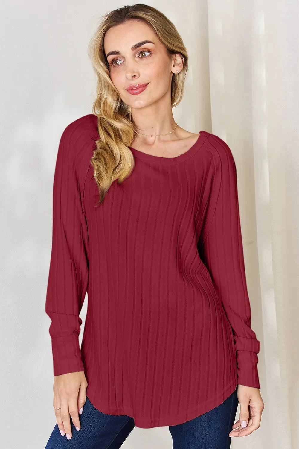 Basic Bae Ribbed Round Neck Slit T-Shirt Shirts & Tops jehouze Deep Red S 