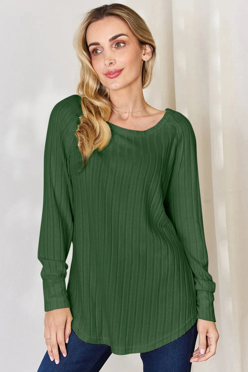 Basic Bae Ribbed Round Neck Slit T-Shirt Shirts & Tops jehouze Green S 