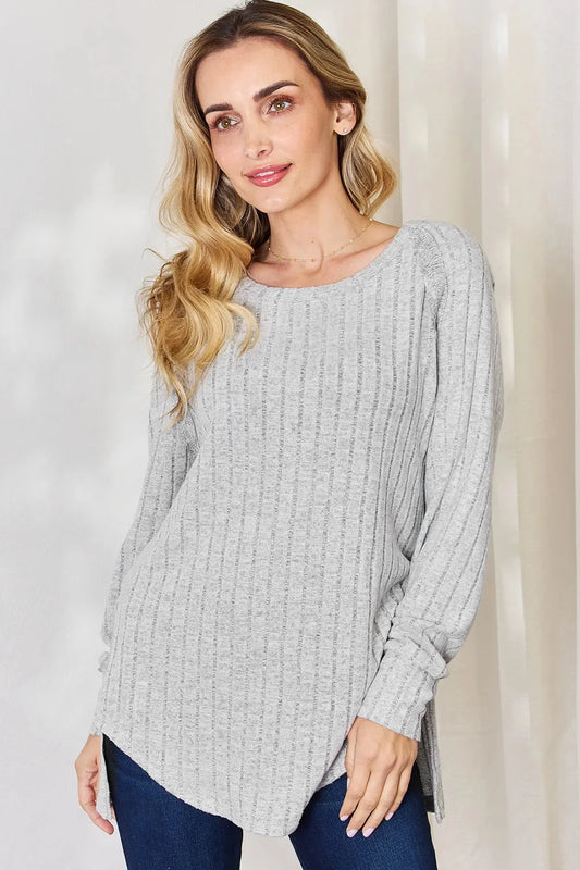 Basic Bae Ribbed Round Neck Slit T-Shirt Shirts & Tops jehouze Light Gray S 