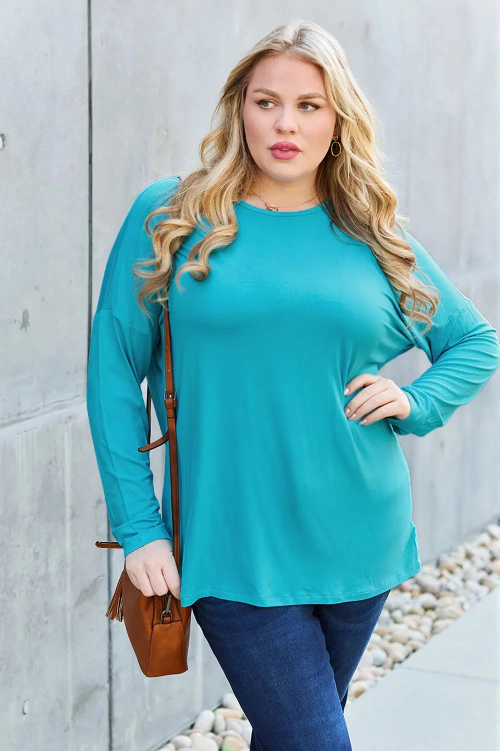 Basic Bae Round Neck Dropped Shoulder T-Shirt Shirts & Tops jehouze Sky Blue S 