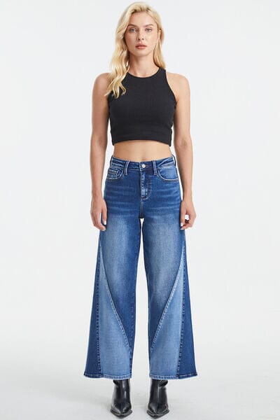 BAYEAS Double Rose Blue High Waist Two-Tones Patched Wide Leg Jeans jeans jehouze 