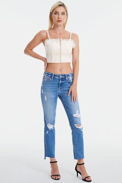 BAYEAS Mystic Blue Mid Waist Distressed Ripped Straight Jeans jeans jehouze 