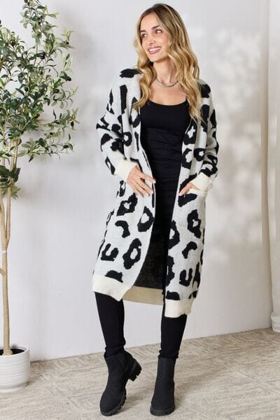BiBi Ivory Leopard Open Front Stretchy Long Sleeve Cardigan Outerwear jehouze 