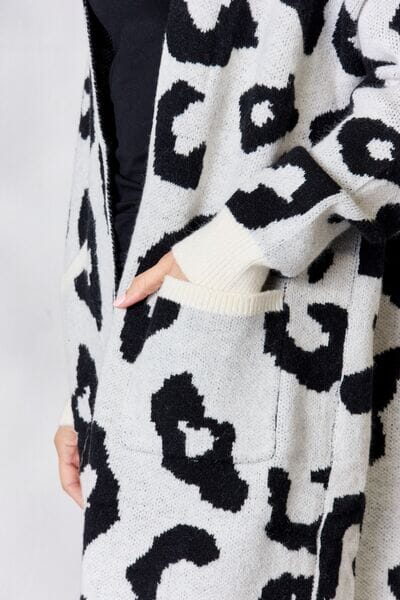 BiBi Ivory Leopard Open Front Stretchy Long Sleeve Cardigan Outerwear jehouze 