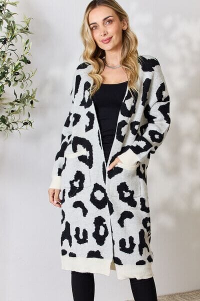BiBi Ivory Leopard Open Front Stretchy Long Sleeve Cardigan Outerwear jehouze Ivory S 