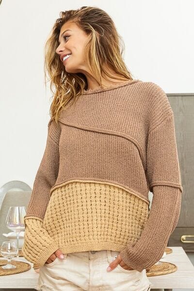 BiBi Mocha Brown Combo Texture Detail Contrast Drop Shoulder Sweater Top Outerwear jehouze 