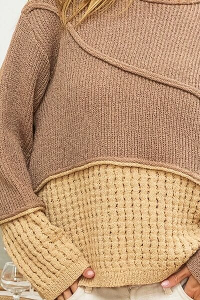 BiBi Mocha Brown Combo Texture Detail Contrast Drop Shoulder Sweater Top Outerwear jehouze 