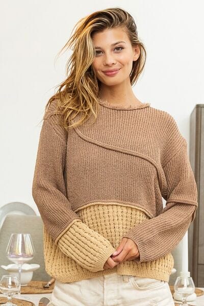 BiBi Mocha Brown Combo Texture Detail Contrast Drop Shoulder Sweater Top Outerwear jehouze MOCHA BROWN COMBO S 
