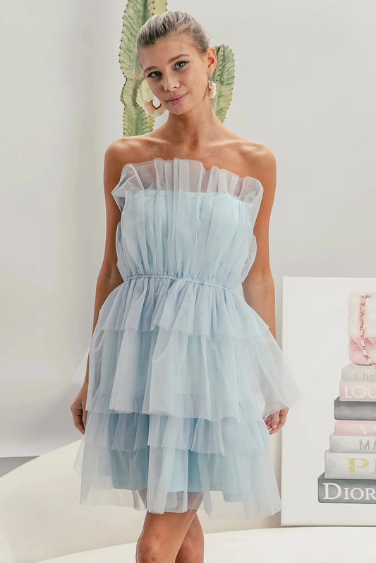 BiBi Sleeveless Layered Organza Dress Dresses jehouze SKY BLUE S 