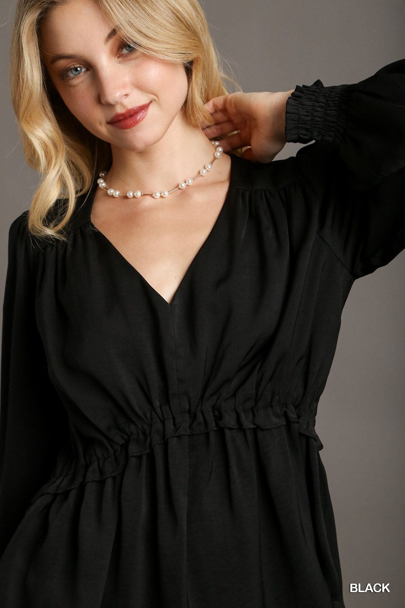 Black Cuffed Long Sleeve Satin V-neck Ruffle Baby Doll Top Shirts & Tops jehouze 