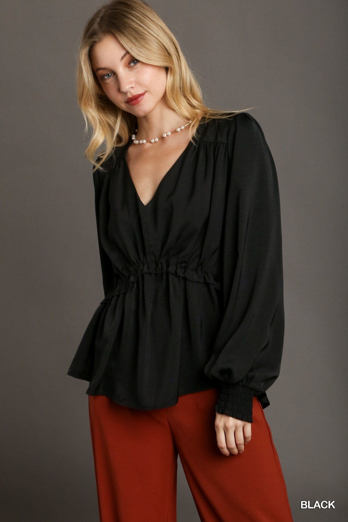 Black Cuffed Long Sleeve Satin V-neck Ruffle Baby Doll Top Shirts & Tops jehouze 